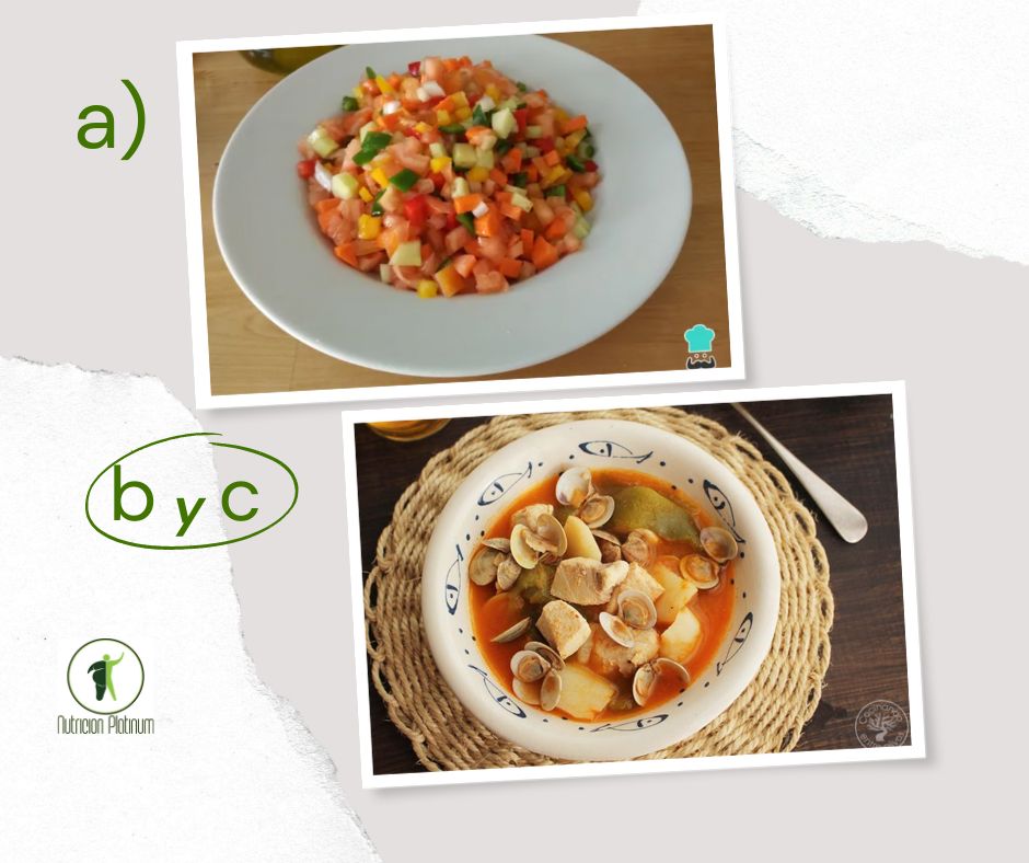 Pipirrana con caldo de pimentón de Almería con marrajo y almejas